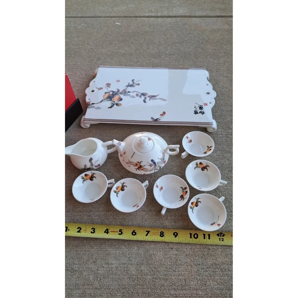 Demeilan Fine Bone China VTG Chinese Miniature Tea Set Teapot Creamer 6 Cup Tray